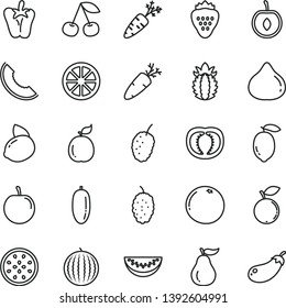 thin line vector icon set - peper vector, carrot, strawberry, cherry, fig, blueberry, mulberry, tasty, water melon, slice of, date fruit, plum, half, lemon, yellow, juicy, passion, guava, grapefruit