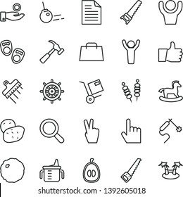 thin line vector icon set - scribbled paper vector, magnifier, measuring cup for feeding, small rocking horse, shoes little children, hand saw, arm, spatula, hammer with claw, core, index finger