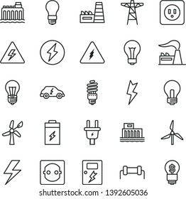 thin line vector icon set - lightning vector, danger of electricity, matte light bulb, incandescent lamp, power socket type b, dangers, charging battery, windmill, wind energy, factory, pole, saving