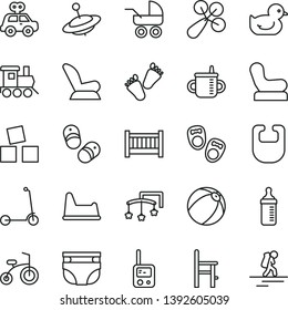 thin line vector icon set - baby cot vector, toys over the, mug for feeding, measuring bottle, nappy, bib, rattle, chair, car child seat, carriage, duckling, bath ball, motor vehicle present, potty