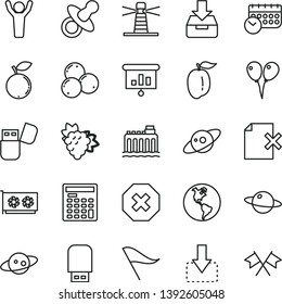 thin line vector icon set - mark of injury vector, wind direction indicator, dummy, colored air balloons, put in a box, delete page, planet, move down, branch grape, blueberry, blueberries, Earth
