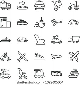thin line vector icon set - car child seat vector, summer stroller, baby toy train, bicycle, big core, delivery, shipment, modern gas station, production conveyor, eco, electric, transport, retro