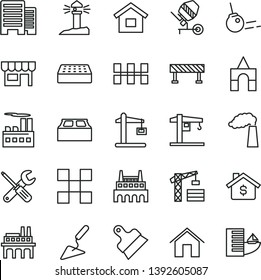 thin line vector icon set - box of bricks vector, crane, tower, dwelling, building trowel, concrete mixer, small tools, buildings, tile, ceramic tiles, brick, block, putty knife, road fence, core