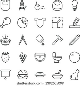 thin line vector icon set - graphite pencil vector, baby powder, bib, Child T shirt, sink, toilet, drawing, hammer with claw, core, expand picture, big burger, pie, a bowl of buckwheat porridge