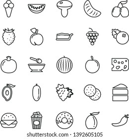 thin line vector icon set - deep plate with a spoon vector, piece of cheese, big burger, mushroom, cake, slice, glazed hole, cup popcorn, cone, blueberries, biscuit, peach, pomegranate, branch grape