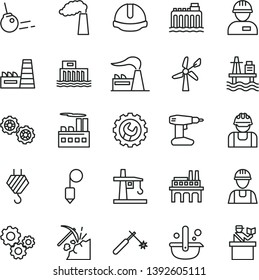 thin line vector icon set - builder vector, workman, hook, gears, drill, construction helmet, plummet, gear, core, sea port, coal mining, wind energy, manufacture, factory, hydroelectric station