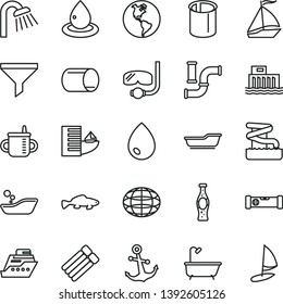 thin line vector icon set - mug for feeding vector, children's bathroom, bath, shower, construction level, drop, anchor, small fish, bottle of soda, water pipes, planet Earth, hydroelectric station