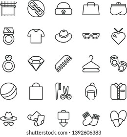 thin line vector icon set - paper bag vector, spectacles, hat, with glasses, bath ball, accessories for a hairstyle, comb, warm socks, Knitted, shoes little children, winter, T shirt, folded, hanger