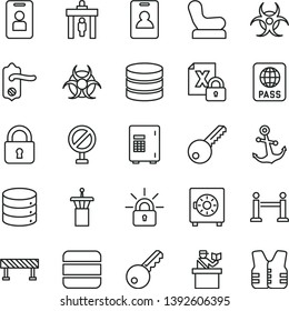 thin line vector icon set - prohibition vector, Baby chair, key, door knob, road fence, lock, anchor, passport, big data, strongbox, encrypting, biohazard, airport tower, rope barrier, identity card