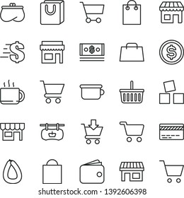 thin line vector icon set - paper bag vector, grocery basket, bank card, dollar, children's potty, cubes for children, cart, put in, with handles, kiosk, stick of sausage, cup tea, stall, shopping