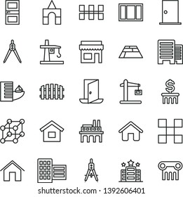 thin line vector icon set - box of bricks vector, house, dwelling, window frame, ntrance door, interroom, buildings, city block, tile, ceramic tiles, fence, paving slab, home, industrial enterprise