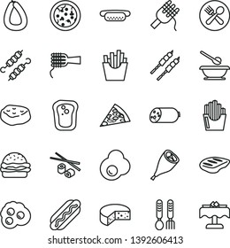 thin line vector icon set - plates and spoons vector, iron fork, sausage, stick of, cheese, pizza, piece, Hot Dog, mini, burger, spaghetti, noodles, grill chicken leg, chop, barbecue, French fries