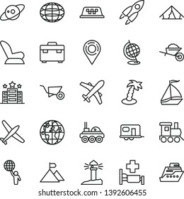 thin line vector icon set - car child seat vector, baby toy train, garden trolley, building, suitcase, coastal lighthouse, location, globe, planet, saturn, rocket, lunar rover, man hold world, plane