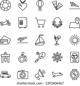 thin line vector icon set - plane vector, car baggage, sail boat, air balloon, motorcycle, security gate, passport, departure, arrival, credit card, sun, hawaii wreath, cocktail, flippers, disabled