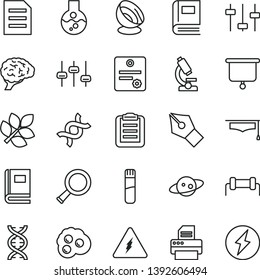 thin line vector icon set - omelette vector, printer, file, flask, test tube, microscope, electricity, zoom, dna, brain, settings, book, graduate hat, clipboard, satellite antenna, saturn, biology