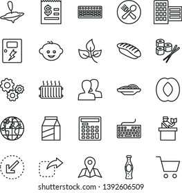 thin line vector icon set - keyboard vector, women, children's hairdo, small yule, city block, dangers, left bottom arrow, map, package, move right, slices of onion, sushi set, japanese, bottle soda