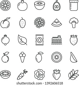 thin line vector icon set - garlic vector, cone, jam, ripe peach, pomegranate, squash, strawberry, medlar, tasty raspberry, blueberry, mulberry, half loquat, lemon, juicy, kiwi, of, slice, carrot