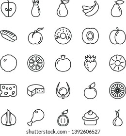 thin line vector icon set - piece of cheese vector, muffin, glazed cake with a hole, chicken leg, cabbage, japanese sushi, ripe peach, apple, half apricot, pomegranate, pear, tasty, strawberry