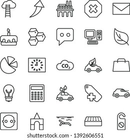 thin line vector icon set - envelope vector, mark of injury, add label, calculator, box bricks, brick, bulb, torte, honeycombs, leaf, power socket, industrial enterprise, eco car, retro, CO2, think