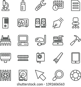 thin line vector icon set - feeding bottle vector, hand saw, hammer with claw, industrial factory, steel repair key, cash machine, computer, tablet pc, radiator fan, power supply, tower, hdd, chair