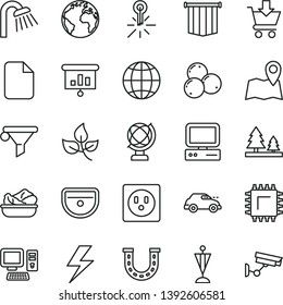 thin line vector icon set - lightning vector, sign of the planet, sink, shower, globe, earth, put in cart, lettuce a plate, blueberries, leaves, socket, forest, retro car, smd, mercury thermometer
