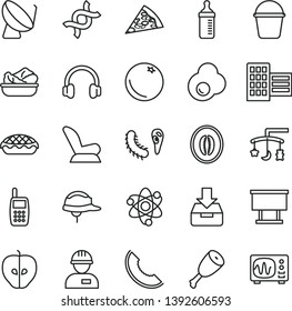 thin line vector icon set - toys over the cradle vector, measuring bottle for feeding, car child seat, workman, bucket, city block, helmet, put in a box, piece of pizza, apple pie, lettuce plate