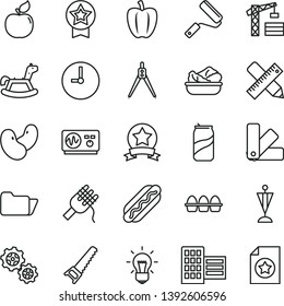 thin line vector icon set - rocking horse vector, tower crane, hand saw, new roller, color samples, city block, writing accessories, wall clock, bundle of eggs, Hot Dog, spaghetti, soda can, apricot