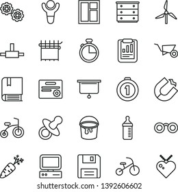 thin line vector icon set - chest of drawers vector, dummy, measuring bottle for feeding, child bicycle, tricycle, e, gears, building trolley, window, paint bucket, timer, carrot, windmill, computer