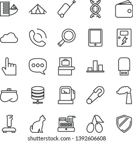 thin line vector icon set - safety pin vector, dangers, index finger, big data server, phone call, cornels, gas station, manufacture, chart, wallet, purse, cash machine, speech, tablet pc, usb flash