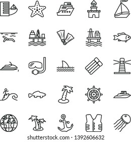 thin line vector icon set - anchor vector, small fish, sea port, commercial seaport, lighthouse, planet, sand castle, sail boat, hotel, beach, palm tree, starfish, flippers, diving mask, surfing