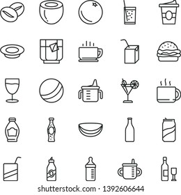 thin line vector icon set - mug for feeding vector, measuring cup, bottle, bath ball, e, packing of juice with a straw, coffee, burger, plate milk, beans, tea, coffe to go, glass soda, cocktail, can