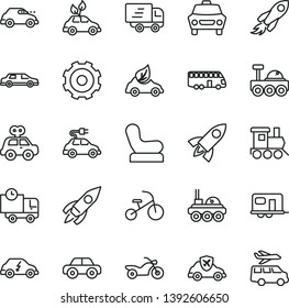 thin line vector icon set - truck lorry vector, Baby chair, motor vehicle, present, toy train, tricycle, car, delivery, eco, environmentally friendly transport, electric, retro, autopilot, rocket