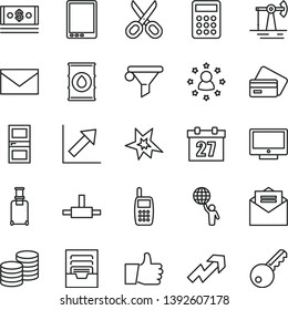 thin line vector icon set - scissors vector, daily calendar, envelope, growth up, chart, archive, interroom door, received letter, thumb, screen, coins, working oil derrick, water filter, cash, bang