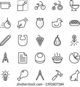 thin line vector icon set - graphite pencil vector, scribbled paper, bib, baby, duckling, children's potty, child bicycle, tricycle, big core, toilet, hammer with claw, expand picture, apple pie