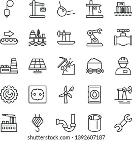 thin line vector icon set - workman vector, hook, sewerage, power socket type f, plummet, gear, core, commercial seaport, solar panel, oil derrick, working, coal mining, wind energy, valve, pipes