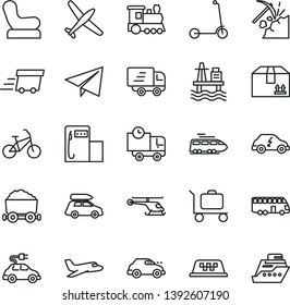thin line vector icon set - paper airplane vector, Baby chair, child Kick scooter, delivery, cardboard box, sea port, coal mining, modern gas station, electric car, transport, retro, trolley with