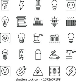 thin line vector icon set - danger of electricity vector, matte light bulb, incandescent lamp, cordless drill, power socket type b, f, lightning, dangers, heating coil, boiler, charge level, mercury