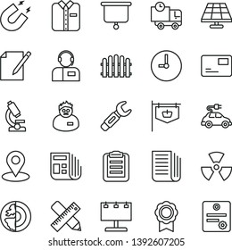 thin line vector icon set - writing accessories vector, hedge, wall clock, pass card, notes, delivery, operator, folded shirt, solar panel, electric car, steel repair key, vintage sign, geolocation