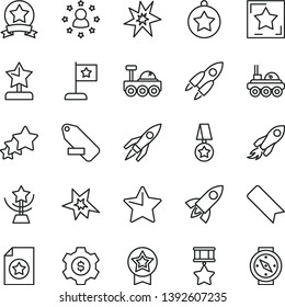 thin line vector icon set - bookmark vector, remove label, star, space rocket, lunar rover, bang, cup, reward, medal, flag, hero, ribbon, certificate, dollar gear, stars around man, three, compass