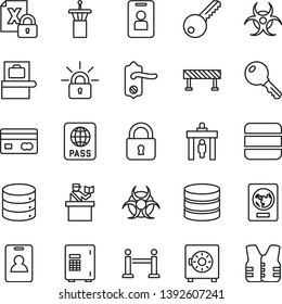 thin line vector icon set - key vector, door knob, road fence, lock, passport, big data, strongbox, reverse side of a bank card, encrypting, biohazard, airport tower, rope barrier, identity, access