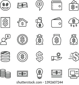 thin line vector icon set - purse vector, dollar, coins, column of, denomination the, financial item, catch a coin, wallet, money, dollars, cash, bag hand, rain, mortgage, idea, eyes, dialog, pin