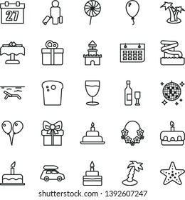 thin line vector icon set - daily calendar vector, colored air balloons, balloon, cake, birthday, gift, Easter, torte, lollipop, glass, wall, sand castle, wine, car baggage, passenger, beach