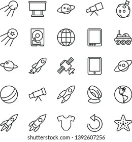 thin line vector icon set - counterclockwise vector, t short, bath ball, earth, artificial satellite, planet, billboard, rocket, space, tablet pc, hdd, telescope, antenna, saturn, lunar rover, first