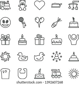 thin line vector icon set - toys over the cradle vector, bib, rubber duck, baby duckling, teddy bear, toy train, children's, colored air balloons, cake, birthday, heart, gift, Easter, slice, torte