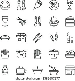 thin line vector icon set - plates and spoons vector, plastic fork, iron, coffee, fried vegetables on sticks, big burger, piece of cake, pie, porridge in a saucepan, lettuce plate, grill chicken leg