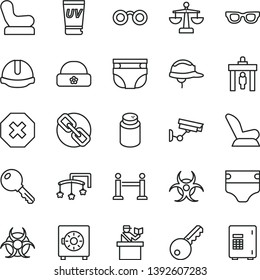 thin line vector icon set - mark of injury vector, spectacles, scales, toys over the cot, diaper, nappy, powder, Baby chair, car child seat, warm hat, construction helmet, key, strongbox, glasses