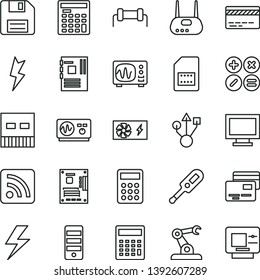 thin line vector icon set - lightning vector, floppy disk, monitor window, bank card, calculator, rss feed, electronic thermometer e, cards, math actions, assembly robot, SIM, engineer, tower, usb