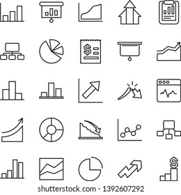 thin line vector icon set - growth up vector, pie chart, bar, line, graph, cardiogram, recession, a crisis, statistical report, scheme, hierarchical, article on the dollar, ring diagram, charts