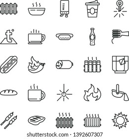 thin line vector icon set - temperature vector, radiator, new, electronic boiler, coffee, sausage, loaf, Hot Dog, mini, noodles, porridge, chop, barbecue, cup of tea, coffe to go, a glass, pepper