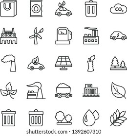 thin line vector icon set - bin vector, dust, bag with handles, apple stub, solar panel, leaves, leaf, gas station, wind energy, manufacture, factory, oil, hydroelectric, trees, forest, drop, CO2